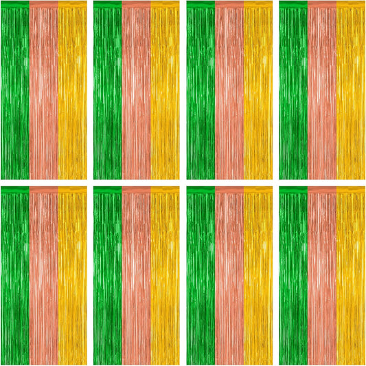 8 Pack Hawaiian Party Decorations, 3.28 FT x 7.05 FT Luau Party Decorations, Green Brown Yellow Backdrop Fringe Curtains Foil Streamer, Metallic Summer Decor Photo Booth Props