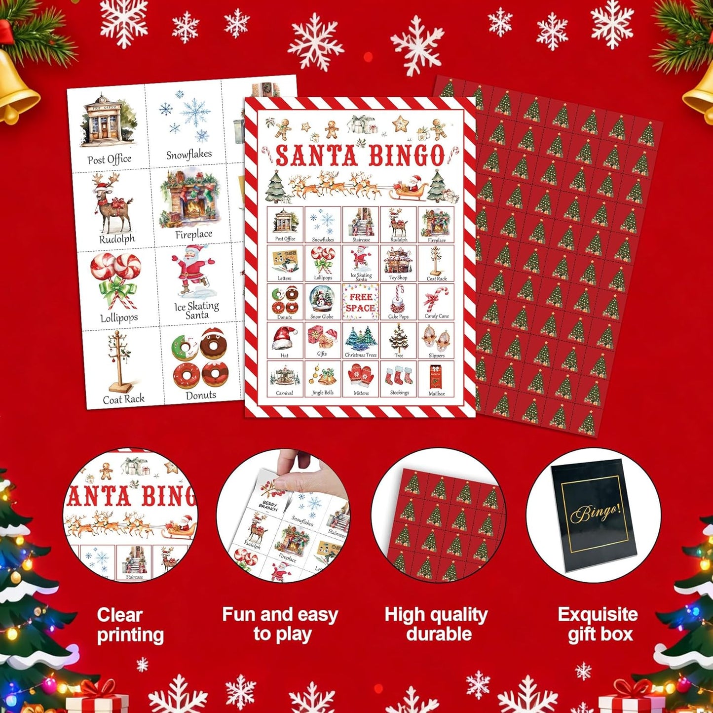 Christmas Party Bingo Game Cards, Santa Bingo Set for Adults Large Group, Winter Holiday Fun Party Games, Xmas Activities Icebreaker Games, for Family Friends, 03