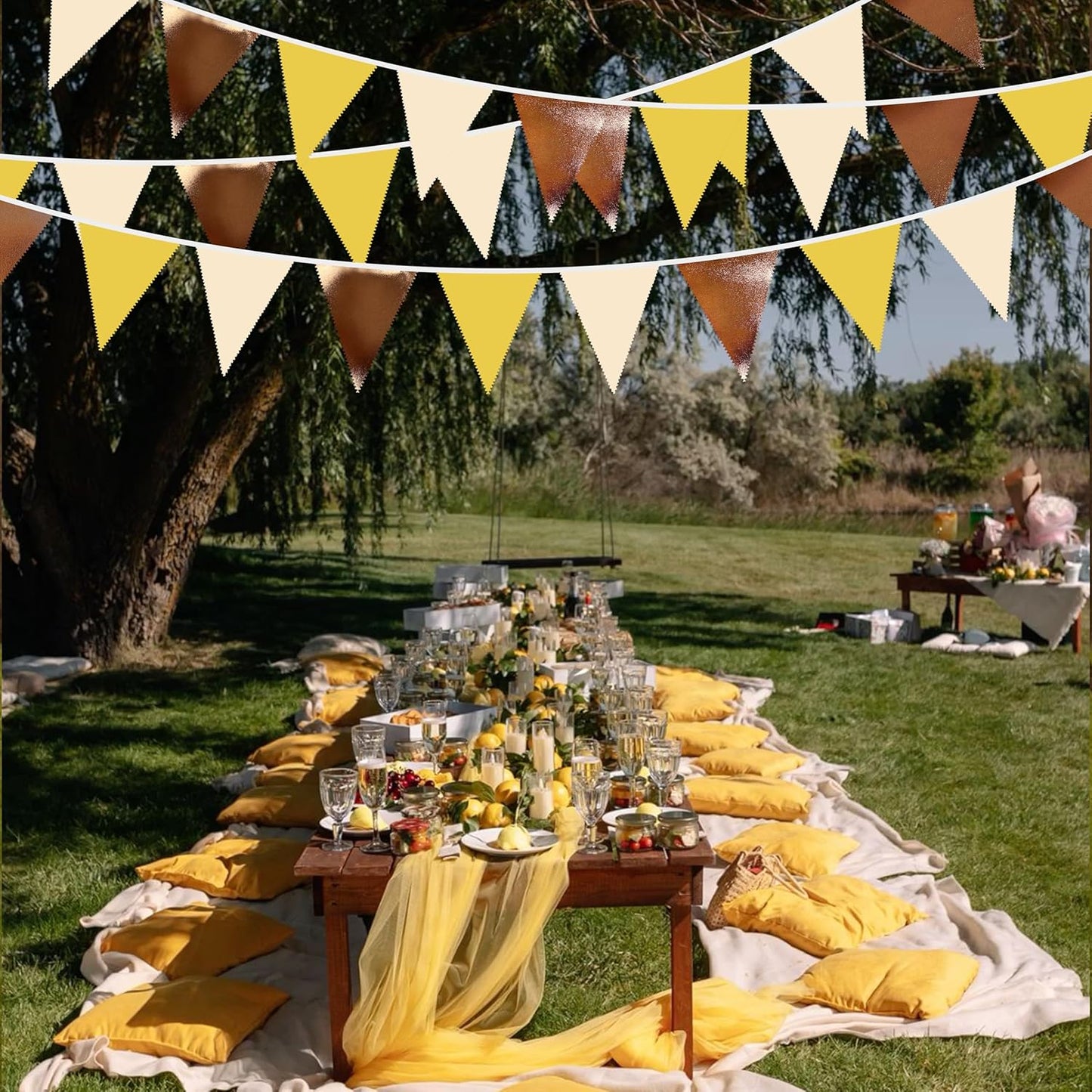 32Ft Yellow Brown Party Decorations Metallic Brown Mustard Yellow Triangle Banner Flag Pennant Fabric Garland Streamers for Boho Birthday Bee Baby Shower Sunflower Party Outdoor Decor Supplies