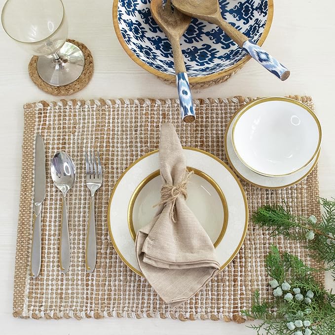 Chardin Home Natural Jute and Ivory Placemats, Set of 4 – Rustic Handmade Boho Table Mats, 13x19 Inch Dining Table Placemats for Kitchen, Everyday Meals, Holidays, Farmhouse or Modern Table Décor
