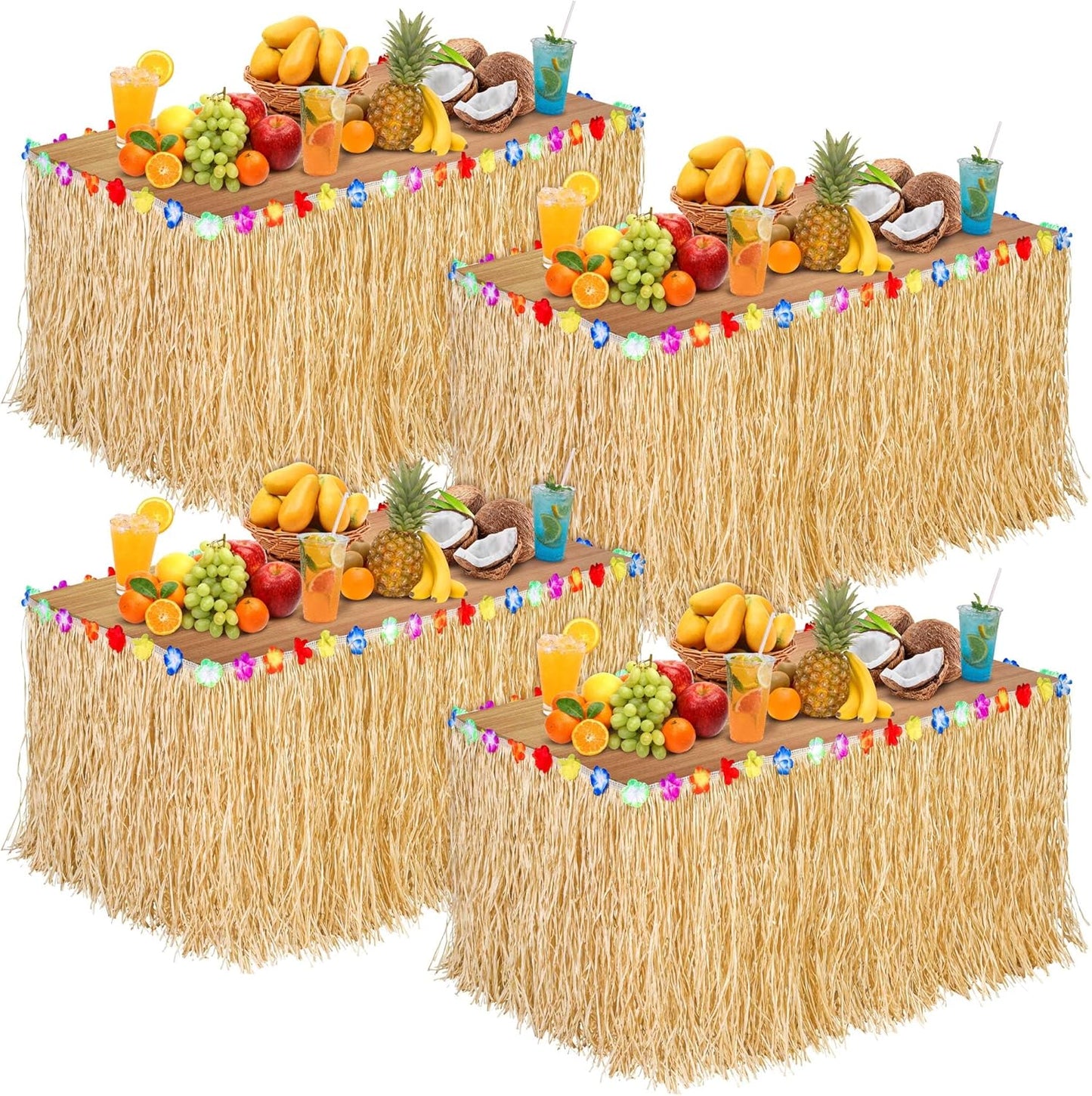 Aodaer 4 Pack Paper Luau Grass Table Skirt with Hibiscus Flowers 9 Feet x 30 Inch Raffia Style Hawaiian Table Skirt Rectangle Tropical Luau Party Decorations for Summer Beach Party, Straw