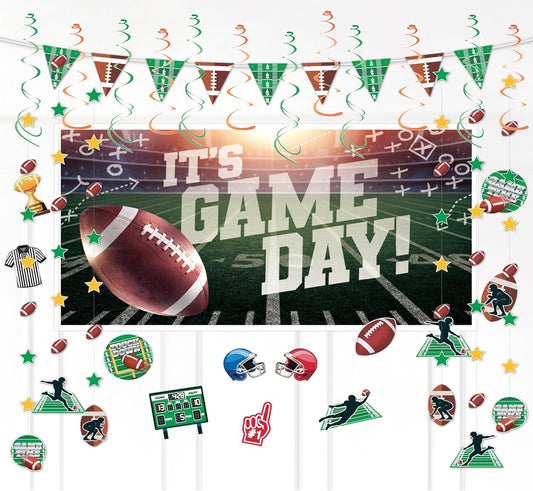 32-Piece Football Party Decoration Kit – Banners, Foil Swirls, Garlands and Cutouts with Helmets, Jerseys and Game Icons for Super Bowl, Tailgate, Sports Birthdays and Team Celebrations