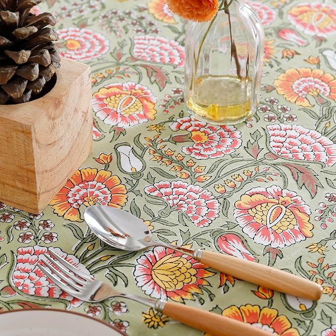 Labhanshi Indian Hand Block Print Rectangle Table Cloth for Kitchen Dining Table|Cotton Floral 8 Seater Picnic Camping Outdoor Table Cover|Spring Easter Decor 72X108 Inch|Burnt Orange