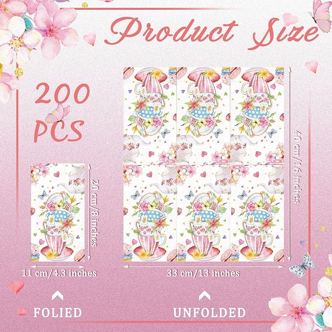 Karenhi 200 Pcs Tea Party Napkins 2 Ply Tea Cup Guest Napkins Spring Hand Paper Floral Guest Paper Towels for Bathroom Disposable Hand Towels for Bathroom Wedding Bridal