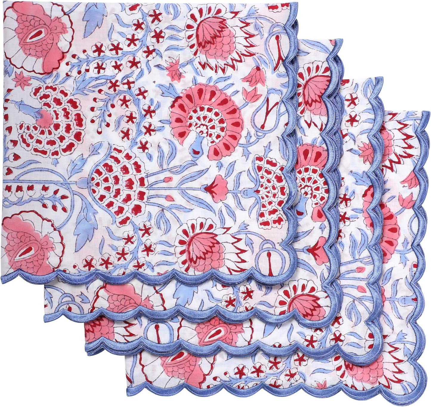 Ridhi Pigeon Blue with Blue EdgeHand Block Print Napkins 18" x 18" Set of 4 Reusable Cotton Dinner Napkins for Weddings, Parties & Everyday Dining, Thanksgiving, Christmas, Fall