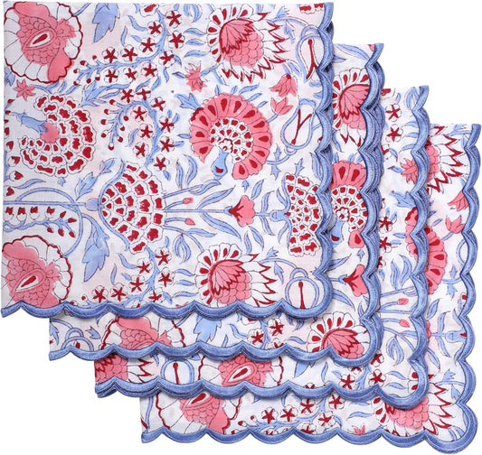 Ridhi Pigeon Blue with Blue EdgeHand Block Print Napkins 18" x 18" Set of 4 Reusable Cotton Dinner Napkins for Weddings, Parties & Everyday Dining, Thanksgiving, Christmas, Fall