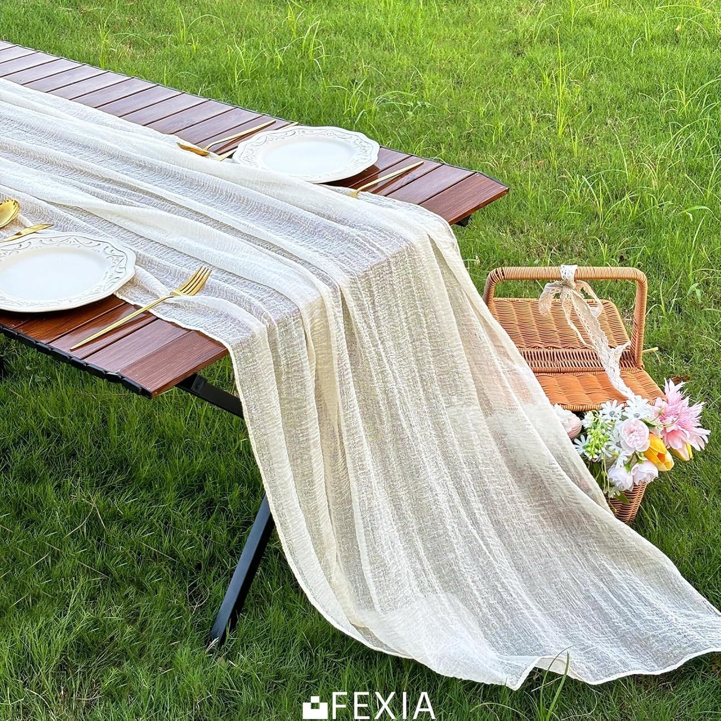 FEXIA 3 Pack Beige Table Runner 30x118 Inches Ivory Cheesecloth Rustic Boho Gauze for Wedding Baby Shower Bridal Shower First Communion Home Decorations