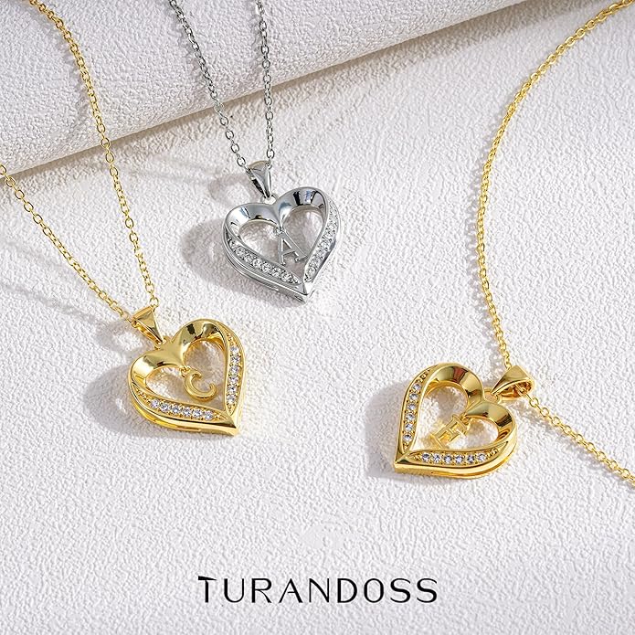 TURANDOSS Valentines Day Gifts for Kids Teen Girls - Heart Initial Necklaces, Dainty 14K Gold Plated CZ Heart Letter A-Z Pendant Necklace Trendy Jewelry Valentines Day Gifts for Wife Girlfriend