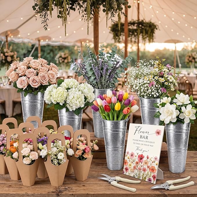 LEIFIDE 39 Pcs Flower Bar Buckets Set Kit Bloom Bar Supplies Include Wood Sign Gift Bags Iron Bucket Garden Flower Shears for Valentine Days Wedding Bridal Shower Table Centerpieces (Silver)