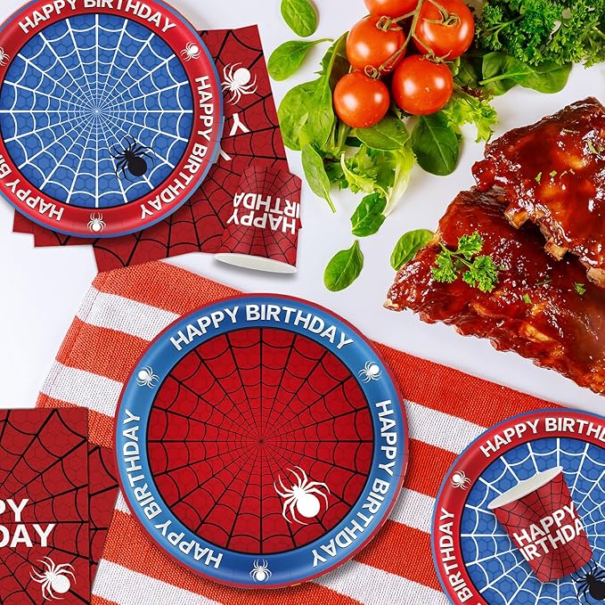168Pcs Spider Birthday Decorations, Includes Plates Napkins Cups Knives Forks Spoons, Serve 24