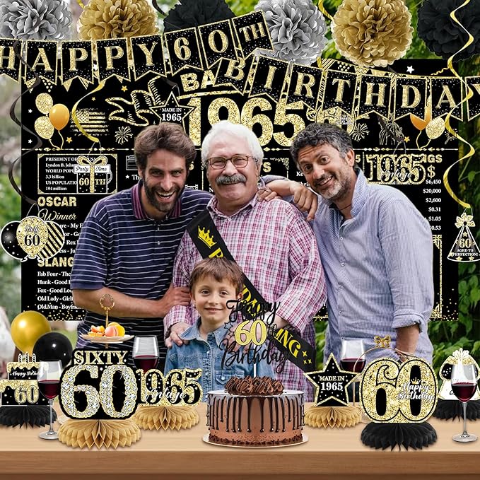 60th Birthday Decorations for Men, Black Gold Back In 1965 Birthday Banner Decorations, Vintage 60th Birthday Table Decorations, Cake Topper, Balloons, Backdrop, Sash Party Supplies for Men
