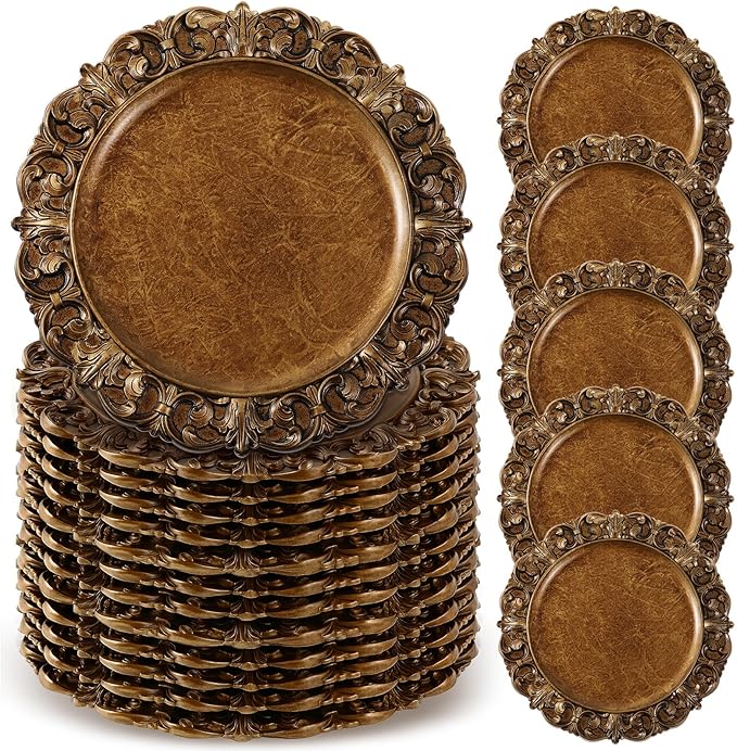 50 Pcs Antique Gold Charger Plates Bulk 13 Inch Embossed Rim Plastic Round Decorative Vintage Plates Charger for Dinner Wedding Party Event Table Setting Decoration (Vintage)