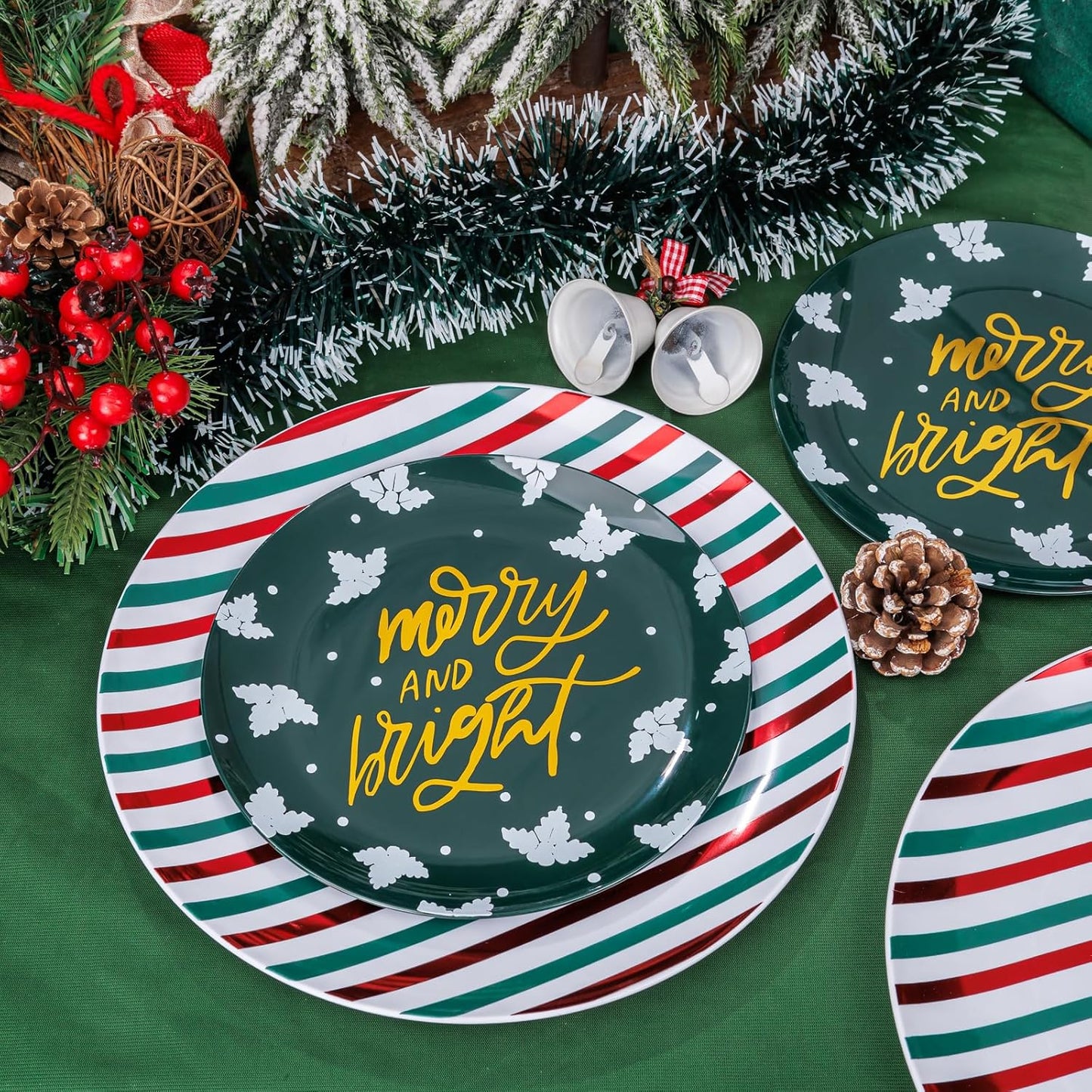 WDF 50 Pieces Christmas Plastic Plates - Christmas Plates Disposable include 25 Christmas Dinner Plates and 25 Christmas Salad Plates - Red and Green Plates for Christmas party&winter