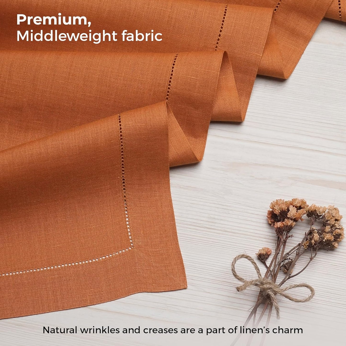 D'Moksha Homes Linen Rust Table Runner 72 Inches Long - 100% Pure Linen Hemstitch Table Runner 14 x 72 Inch for Dresser, Dining and Fall, Halloween - Classic Hemstitch