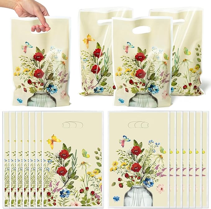Vintage Wildflower Party Favor Bags - 50Pcs Plastic Retro Wild Flowers Candy Treat Gift Bag with Handles Butterfly Snack Goodie Gift Sacks Wedding Birthday Party Supplies Baby Shower Decor