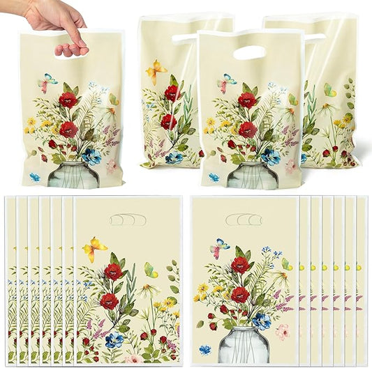 Vintage Wildflower Party Favor Bags - 50Pcs Plastic Retro Wild Flowers Candy Treat Gift Bag with Handles Butterfly Snack Goodie Gift Sacks Wedding Birthday Party Supplies Baby Shower Decor