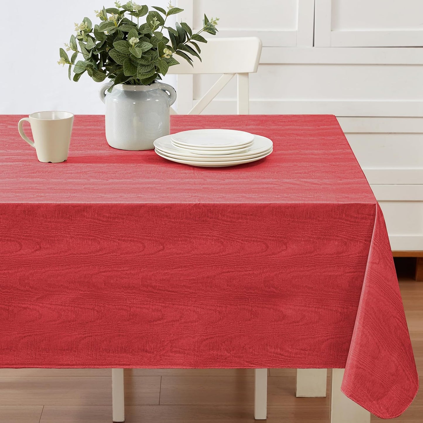 Newbridge Vinyl Flannel Backed Tablecloth, 60 x 120 Inch Rectangle, Red Moire Wavy Solid Design, Heavyweight Indoor Outdoor Waterproof Table Cover, Easy Care Wipe Clean