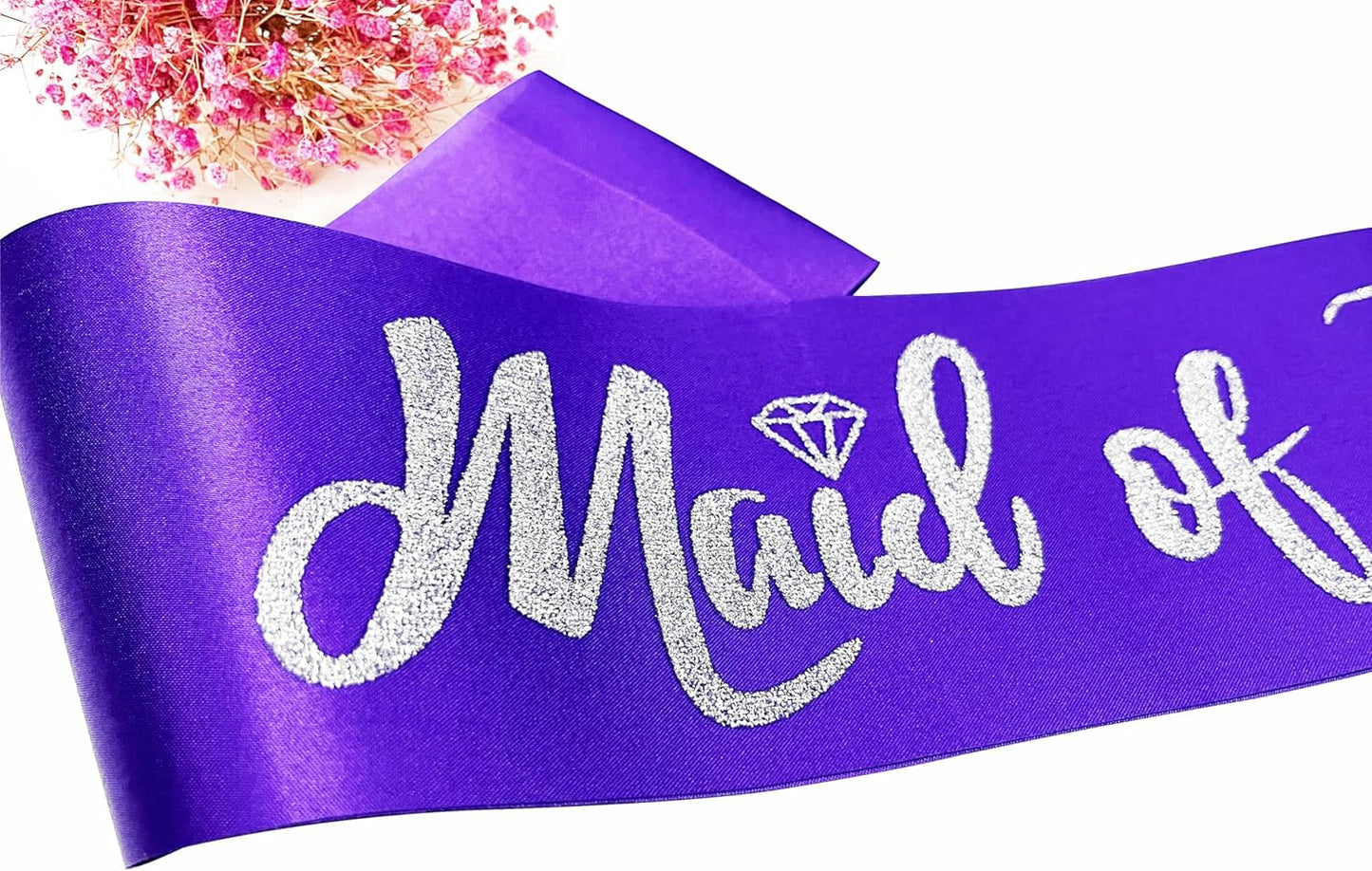 Maid of Honor Sash, Purple Sash with Silver Glitter Letter Bachelorette Party Sash for Bridal Shower Wedding Party Accessories Supplies Engagement Gifts