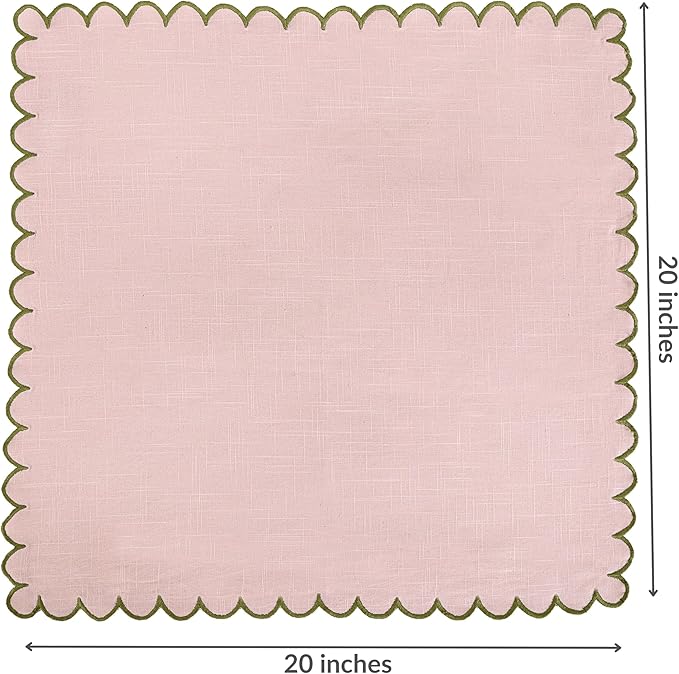 FINGERCRAFT Cloth Napkins, Everyday Use Scallop Design, Premium Quality Cotton Napkin Set of 6 Perfect for Parties Dinners Weddings Easter Napkin Cloth 20x20 inch Pink/Olive Green