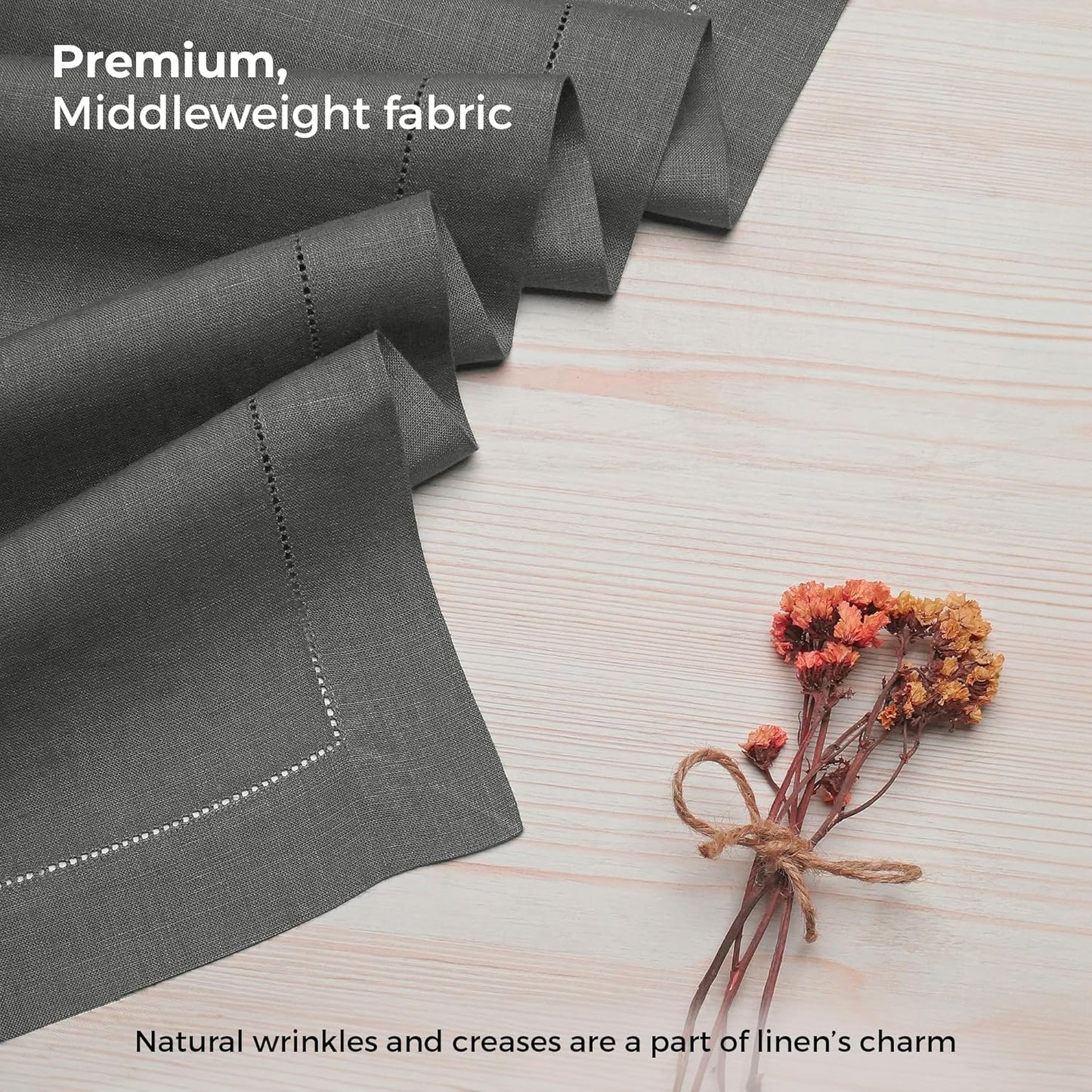 D'Moksha Homes Linen Charcoal Grey Table Runner 120 Inches Long - 100% Pure Linen Hemstitch 14 x 120 Inch Table Runner for Dining, Fall, Autumn and Halloween - Classic Hemstitch