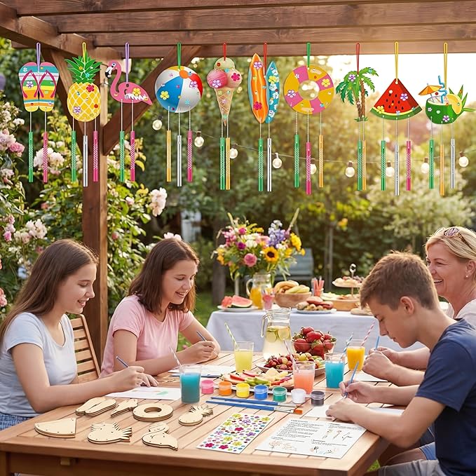 JellyArch 30 Pack Summer Wind Chime Making Kit for Adults Make Your Own Summer Wind Chime Beach Wooden Ornaments for DIY Crafts Activity Birthday Decoration