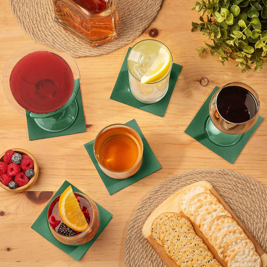 AH AMERICAN HOMESTEAD Paper Cocktail Napkins - Linen-Like Disposable Beverage Bar Napkins 4.75" x 4.75" - Bulk Square Napkins - Ideal for Party or Wedding (Green -100 Count)