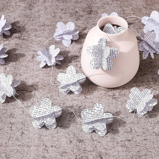4 Pack Flower Garland Book Pages Book Newspaper Bunting Party Holiday Nursery Strand String Banner Wedding Christmas Garland Decoration (Flower)