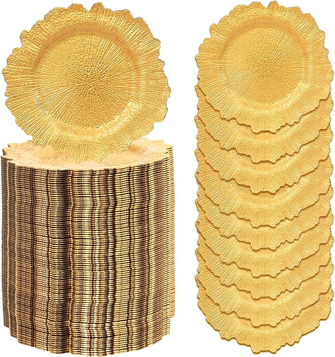 GenMous 100 Pack Gold Charger Plates Bulk for Wedding Party Table Decor, 13 inch Floral Decorative Gold Charger for Dining Plates, Plastic Metallic Plates Charger for Thanksgiving Christmas Holiday