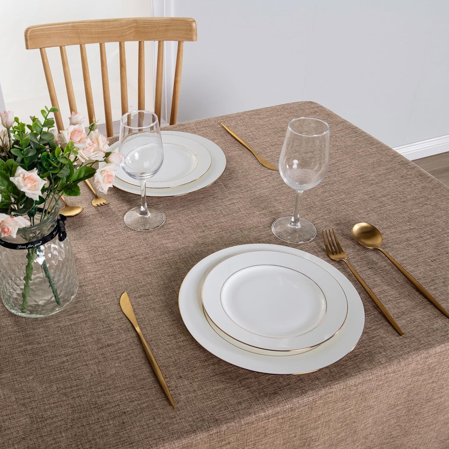 Hiasan 2 Pack Faux Linen Rectangle Tablecloth - Wrinkle and Stain Resistant Washable Table Cloth for Kitchen Dining Room Holiday Table Cover for Party Dinner, Khaki, 54 x 80 Inch