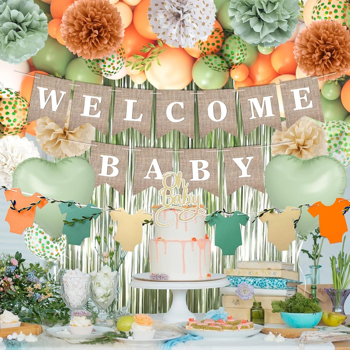 Orange Green Baby Shower Decorations-Welcome Banner Sage Green Sand White Confetti Balloon 'Oh-Baby' Cake Topper Fringe Curtains Paper Pom Poms for Boho Neutral Little Cutie Baby Shower Fall Party