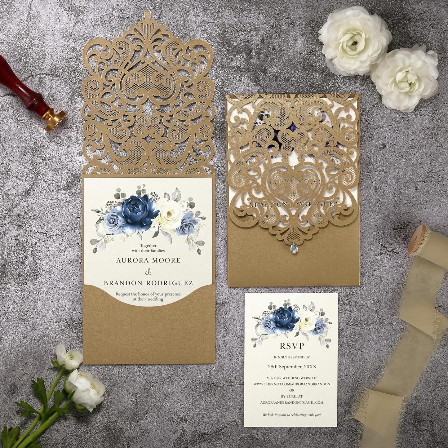 50pcs Laser Cut Wedding Invitations with Envelopes and RSVP Cards Blue and Gold, 5x7.3 Personalized Invitation Cards for Wedding, Anniversary Invitations with Rhinestone