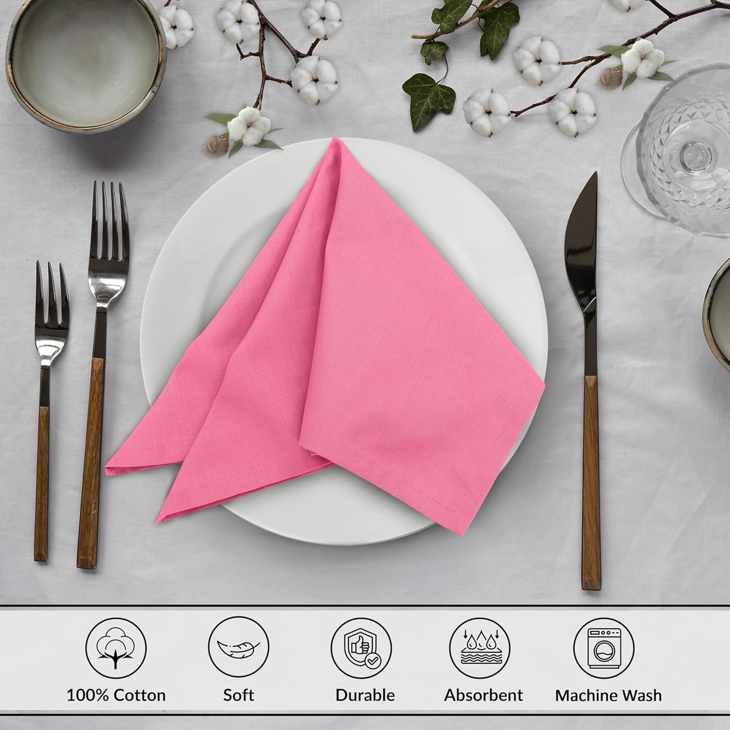 Ruvanti Cloth Napkins Set of 6, 18x18 Inches, 100% Cotton, Washable, Soft & Absorbent, Perfect for Wedding, Christmas, ‎Thanksgiving Dinners - Pink