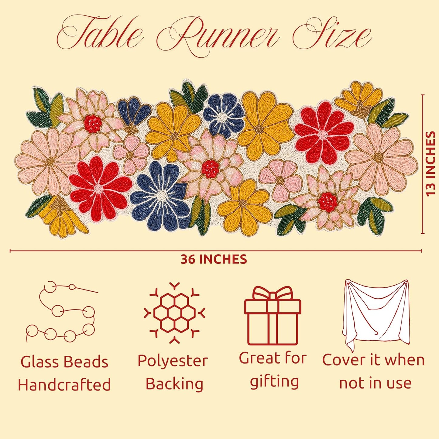 Beaded Table Runners 36 Inches Hand Beaded Decorative Farmhouse Glitz Table Runner for Christmas Wedding Baby Shower Bridal Shower Seasonal Winter Holiday Kitchen Dining Table Yellow Red- CLEENTABLE