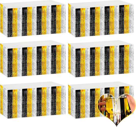 6 Pack 29x108 Inch 2024 New Year Metallic Foil Fringe Table Skirts Banner for Tinsel Streamer Garland Curtains Backdrop for Notorious One Birthday Roaring 20s Graduation Party Decorations