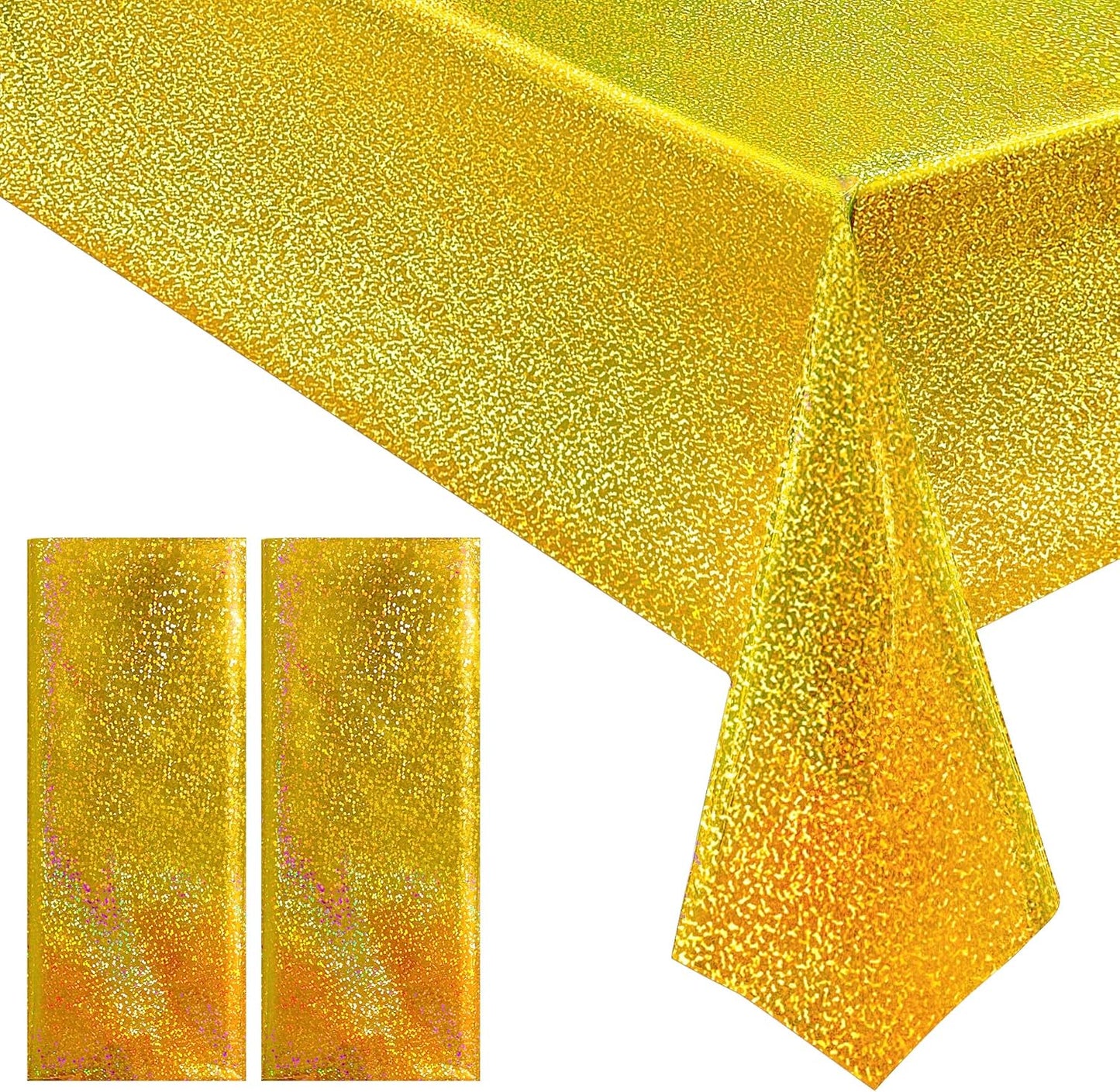 2 pcs Gold Holographic Party Tablecloths 40" x 108" Laser Shiny Table Cloths Plastic Glitter Foil Table Cover for Christmas Wedding Graduation Baby Shower 1920s Birthday Party Anniversary Supplies