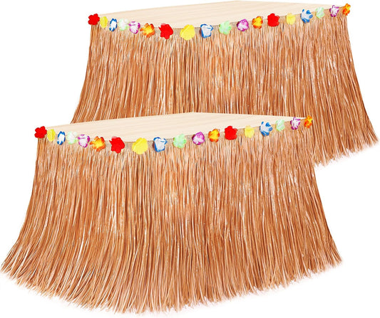 Hawaiian Themed Party Decorations, 2PCS Yellow Luau Party Table Skirt Decorations, 108 X 29.5" Table Skirt Flower Tropical Hula Dance Parties Supplies, Grass Table Skirt for Summer Beach Themed Party