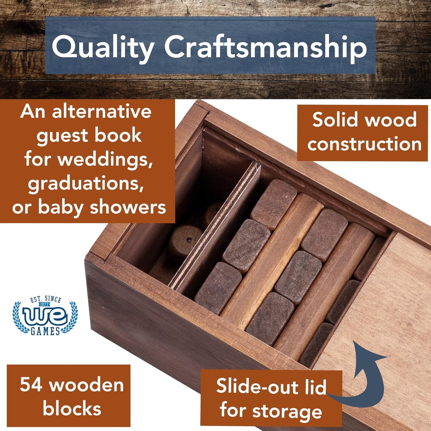 WE Games Wooden Block Stacking Party Game for Adults, Tumble Tower Wedding Guest Book Alternative, Tabletop Games, Includes Storage Case, 12 inches