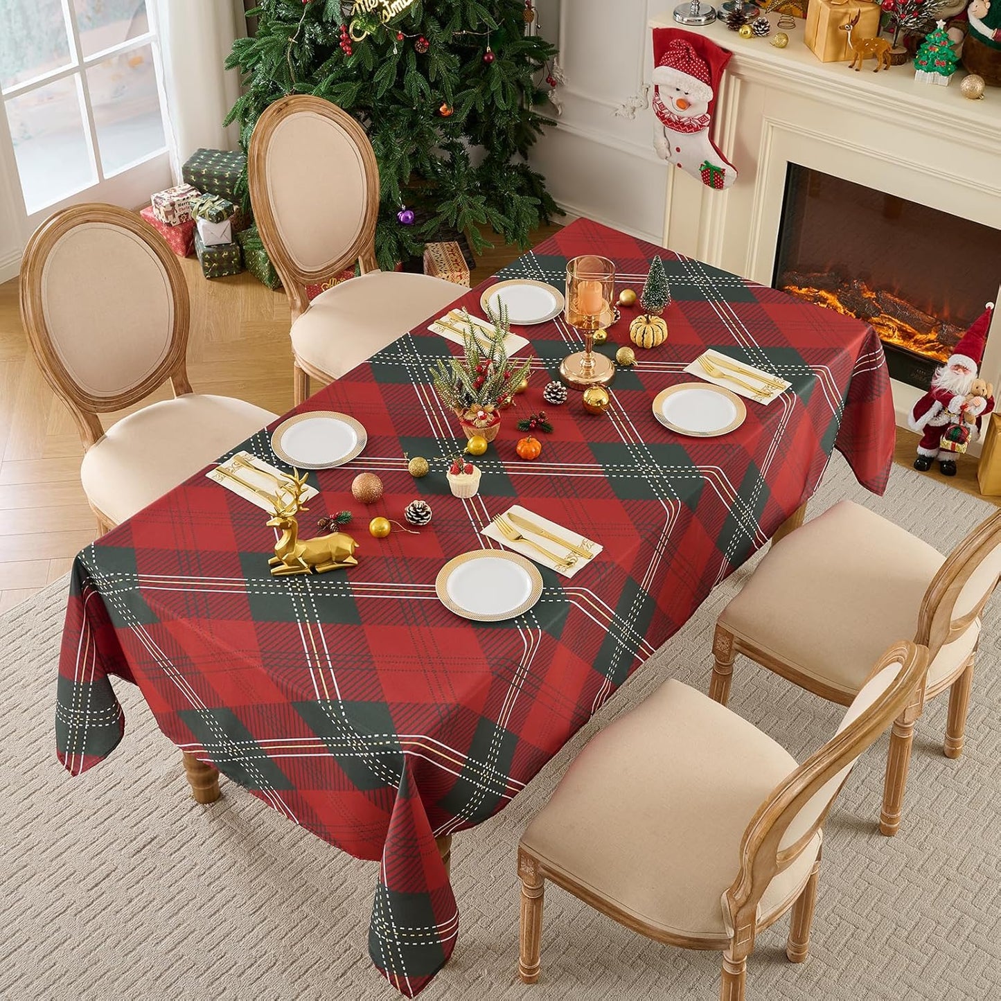 Christmas Tablecloth Rectangular 60x102 Inch Waterproof, Machine Washable Checkered Polyester Table Cover for Xmas Party, Winter Holiday Home Decoration in Festive Checkered Green 1pack