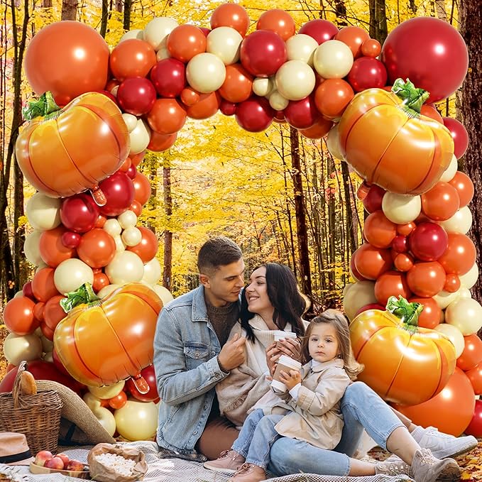 Fall Balloon Arch Garland Kit 153pcs with Pumpkins, Thanksgiving Balloons Arch Kit Burnt Orange Burgundy Yellow Balloons Different Sizes for Little Pumpkin Birthday Baby Shower Decoration