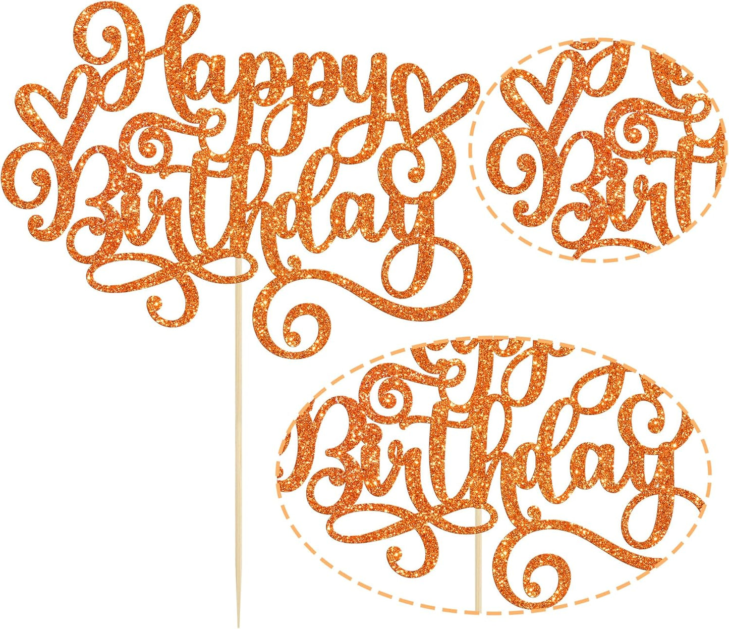 Gyufise 1Pcs Happy Birthday Cake Topper Glitter Cake Pick Bunting Decor for Anniversary Celebrating Party Cake Decorations Supplies Orange