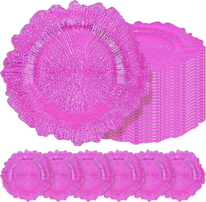 24 Pcs Hot Pink Charger Plates Bulk 13 Inch Plastic Charger Plates for Dinner Plate, Hot Pink Chargers for Table Setting, Reef Design Plate Floral Decorative Round Chargers for Wedding Party Event