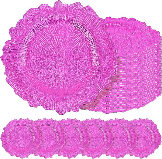 24 Pcs Hot Pink Charger Plates Bulk 13 Inch Plastic Charger Plates for Dinner Plate, Hot Pink Chargers for Table Setting, Reef Design Plate Floral Decorative Round Chargers for Wedding Party Event