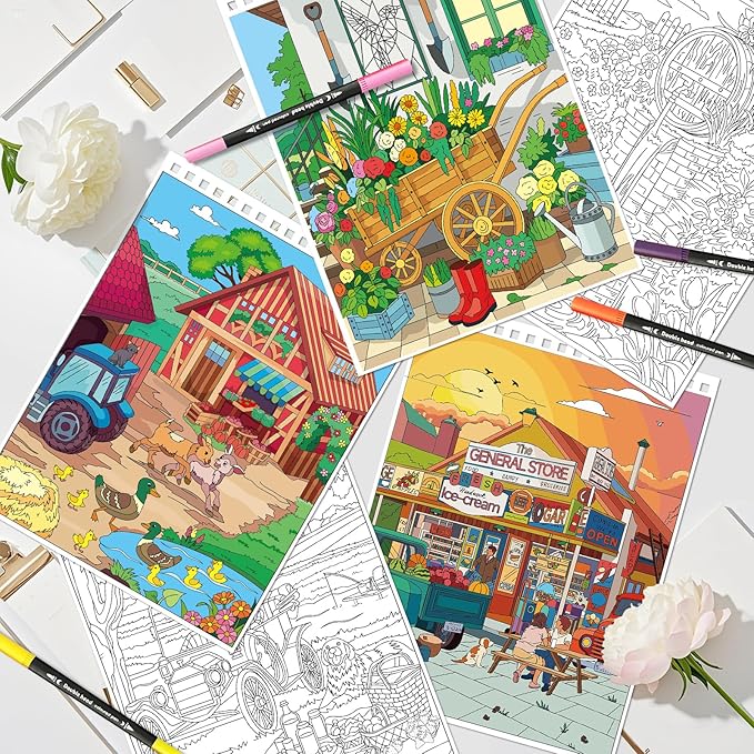 Kalysky Country Farm Adult Coloring Book Set - 3 Coloring Books for Adults Relaxation, Country Gardens, Farm & City Sights Themes | Stress Relief Coloring Book for Women