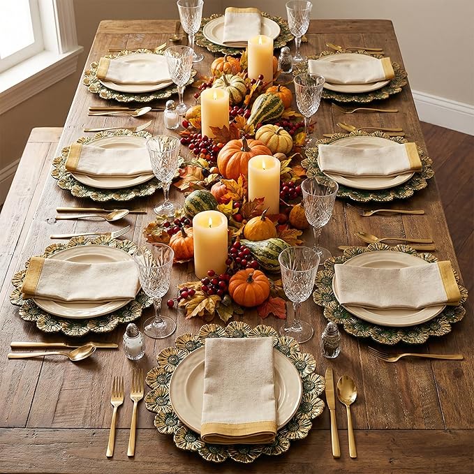 Green Charger Plates with Flower Rim, 13" Round Charger for Dinner Plates, Set of 6 Plastic Plate Chargers for Halloween, Thanksgivng, Christmas.