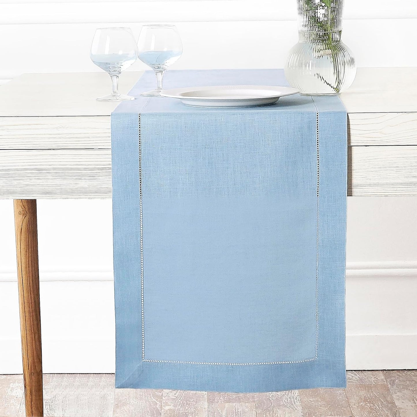 D'Moksha Homes Linen Powder Blue Table Runner 84 Inches Long - 100% Pure Linen Table Runner 14 x 84 Inch for Fall, Autumn and Halloween - Classic Hemstitch