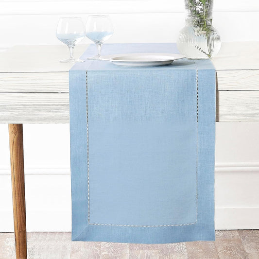 D'Moksha Homes Linen Powder Blue Table Runner 48 Inches - Classic Hemstitch, 100% Pure Linen Coffee Table Runner 14 x 48 Inch Ideal for Dresser Tables - Fall, Autumn and Halloween