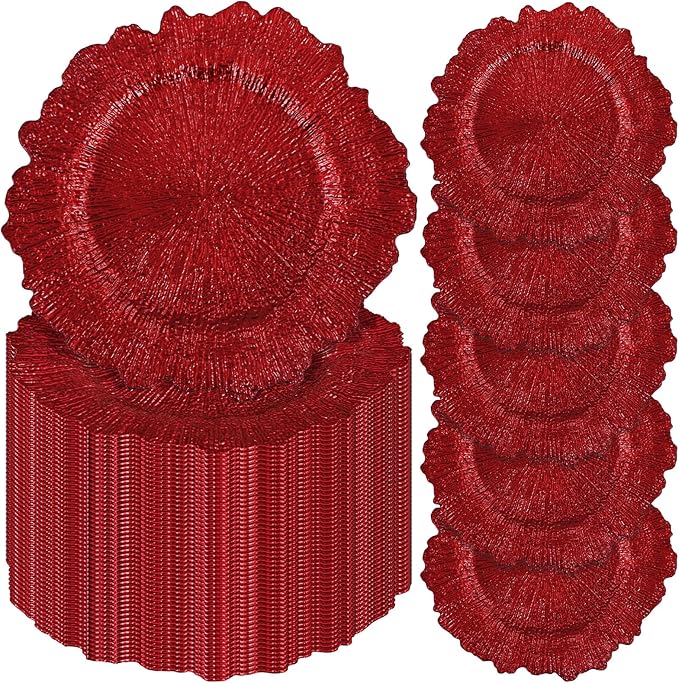 Pesonlook 50Pcs Red Charger Plates Round 13inch, Reef Plate Chargers for Dinner, Bulk Plastic Floral Table Charger Plates for Dinner Wedding Party Event Table Setting Decoration(Red)
