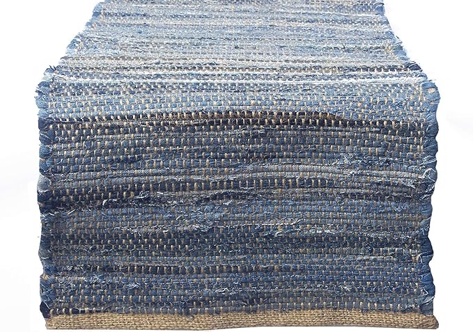 Chardin Home 14x72 Inch Handcrafted Table Runner – Natural Jute and Denim Chindi – Rustic Boho Farmhouse Table Decor – Sustainable Dining Table Accent for Everyday or Special Occasions