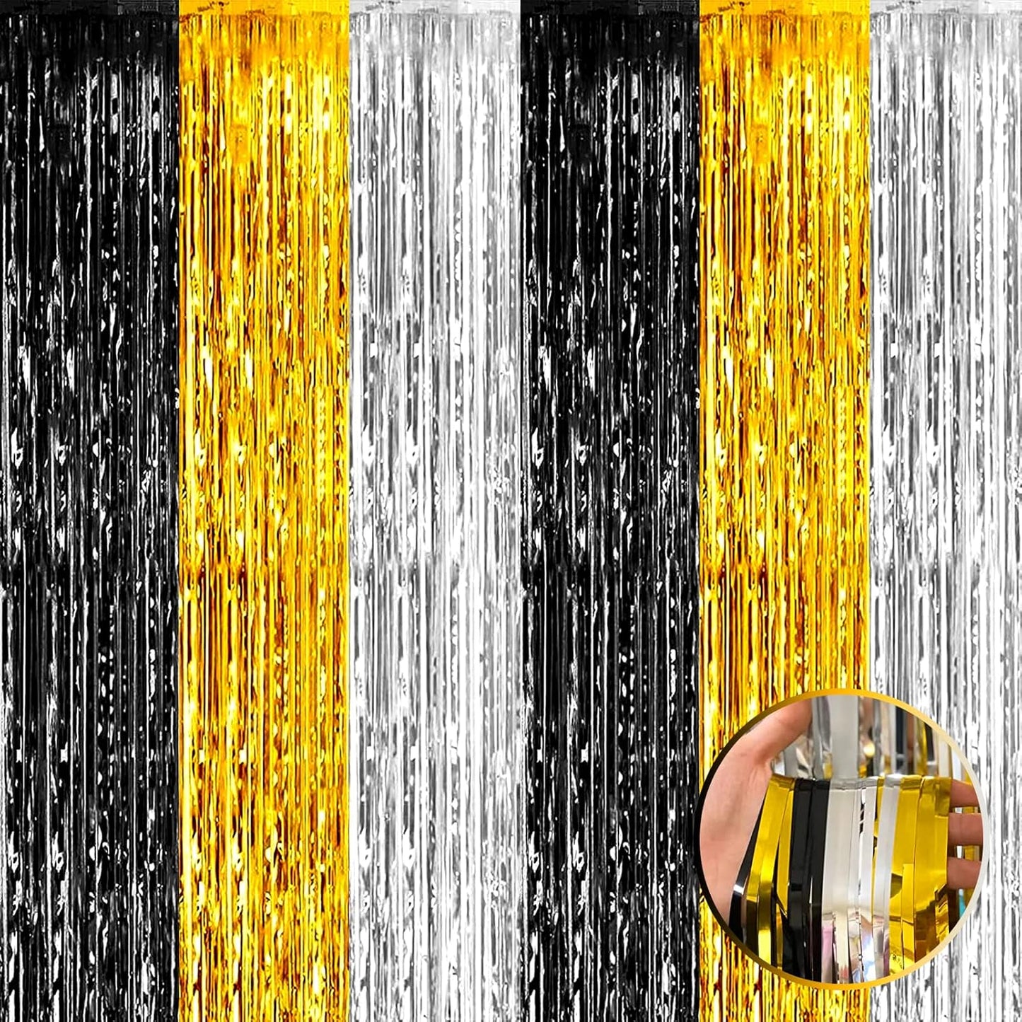 4 Pack Black Gold Silver Foil Fringe Curtain Backdrop, 3.28Ft x 6.56Ft Metallic Tinsel Foil Fringe Streamers for Photo Booth, Wedding, Notorious One Birthday Roaring 20s Graduation Party Decoration