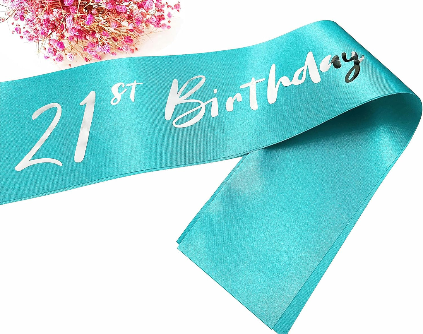 21st Birthday Sash, Blue Green Satin Soft Sashes with Silver Foil Letter, Birthday Decorations for Girls, Happy 21st Birthday Party Favor Supplies,Blue Green